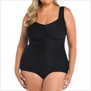 Maxine of Hollywood Black Textured Spa Shirred Front One Piece Swimsuit NWT 16
